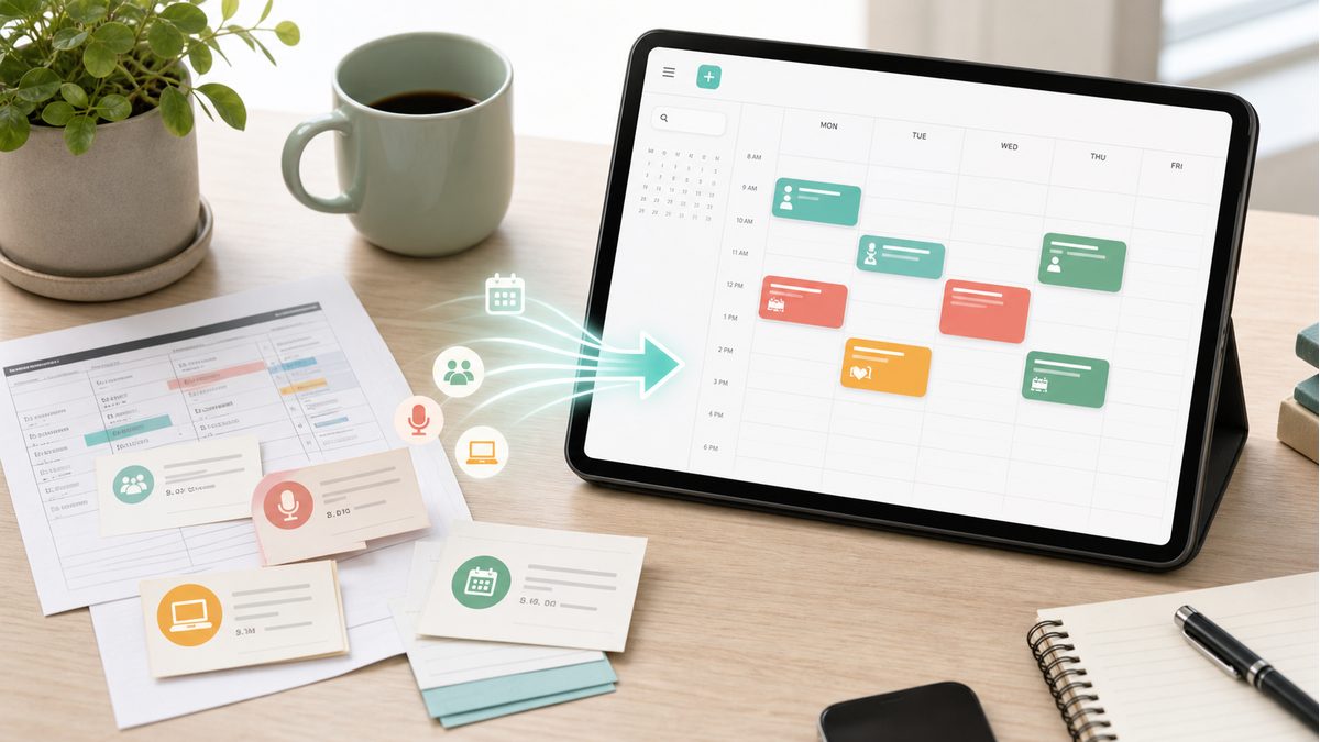 Paper appointment cards and printed schedules being organized into a digital calendar