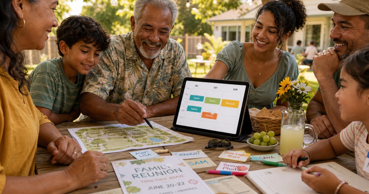 A family reunion timeline with multiple events and locations organized in a calendar view