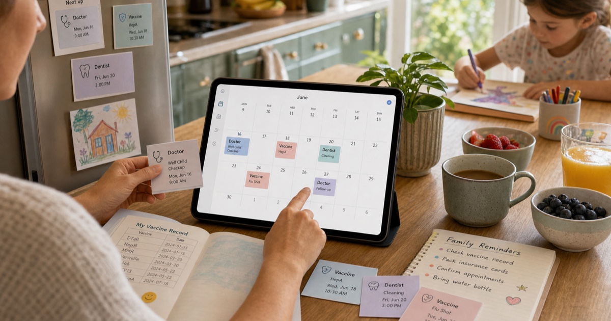 Medical appointment cards and vaccine schedules organized in a family healthcare calendar