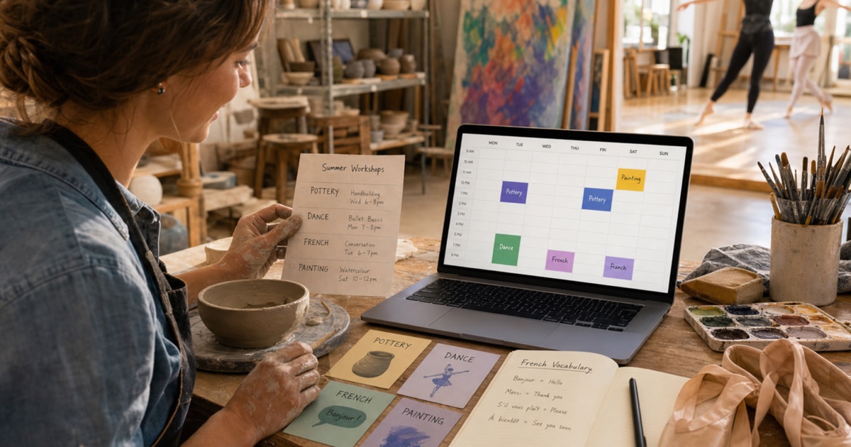 Multiple hobby class schedules organized into a colorful lifestyle calendar