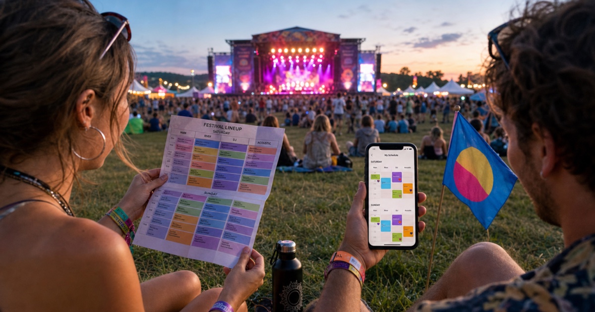A festival lineup with artist schedules converted into a color-coded personal calendar