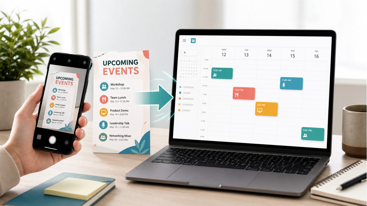 A phone photo of an event flyer being converted into calendar events on a laptop