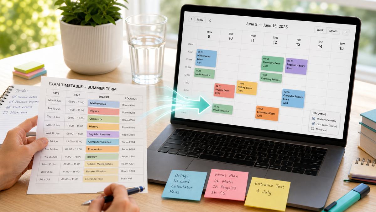 An exam timetable photo being converted into a color-coded calendar with preparation reminders